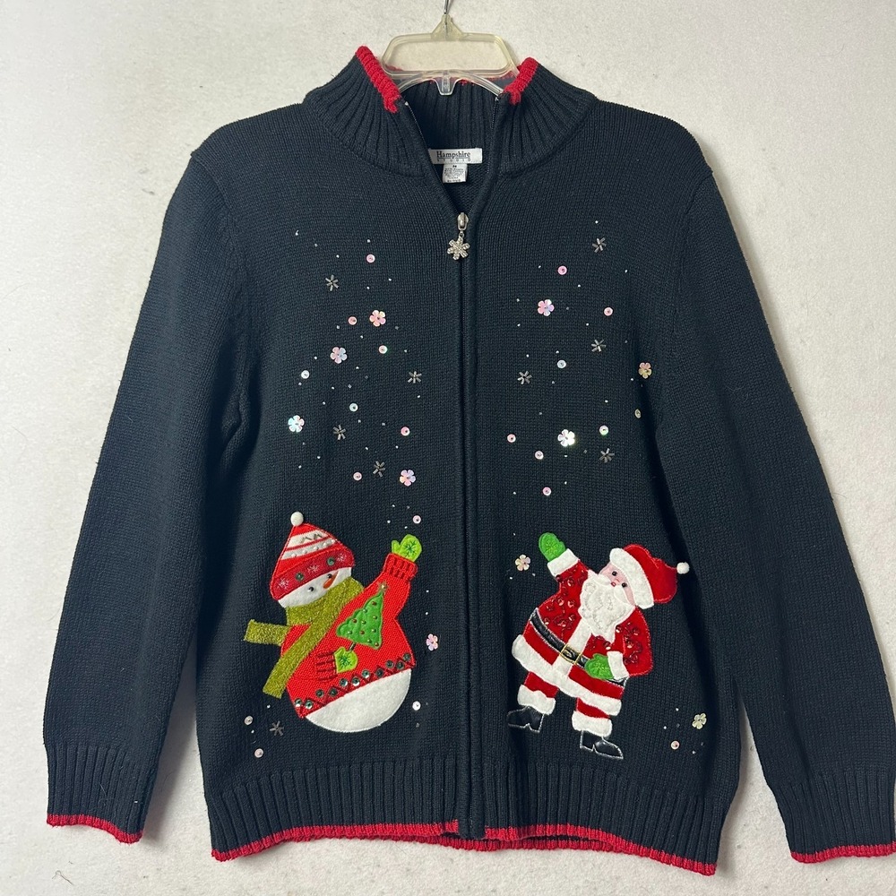 Christmas Sweater Size M Zip Cardigan Hampshire Studio Santa Snowman sequins